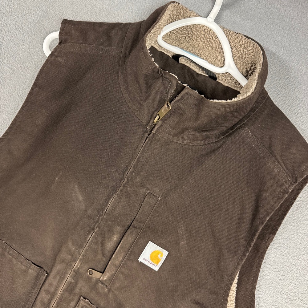 Carhartt Vest Mens Large Brown Loose Mock Neck Sherpa Lined Canvas Duck OV4277-M